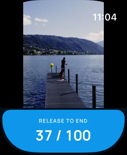 Apple Watch showing the camera image and a blue Release to End block reading 37 of 100 during a burst