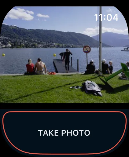 Apple Watch showing the camera image and a Take Photo block