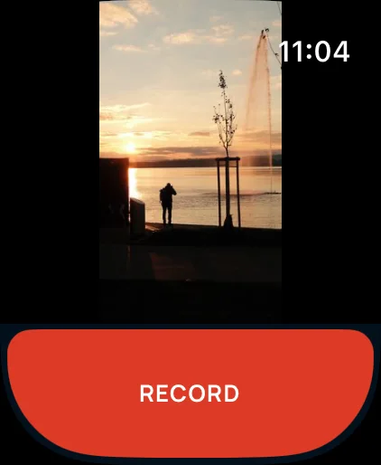 Apple Watch showing the camera image and a red Record block