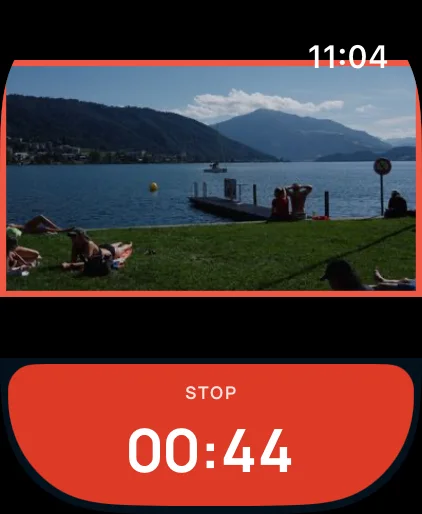 Apple Watch showing a recording framed in red and a Stop block reading 00:44